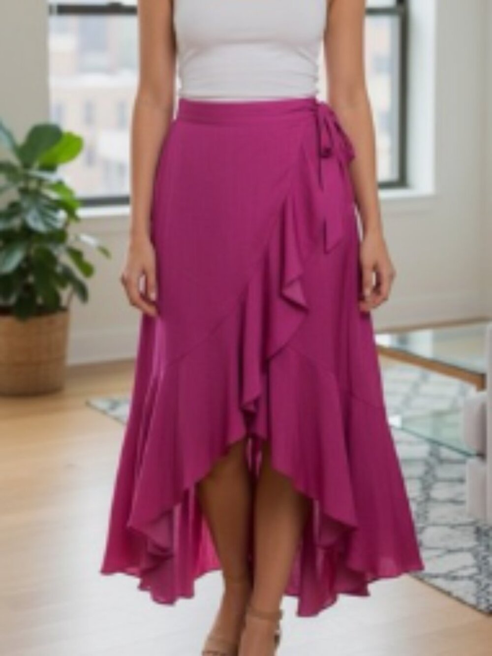 Anthropologie Maeve Ruffled True Wrap Silky Flowy Maxi Skirt Fuchsia XL - Picture 1 of 7